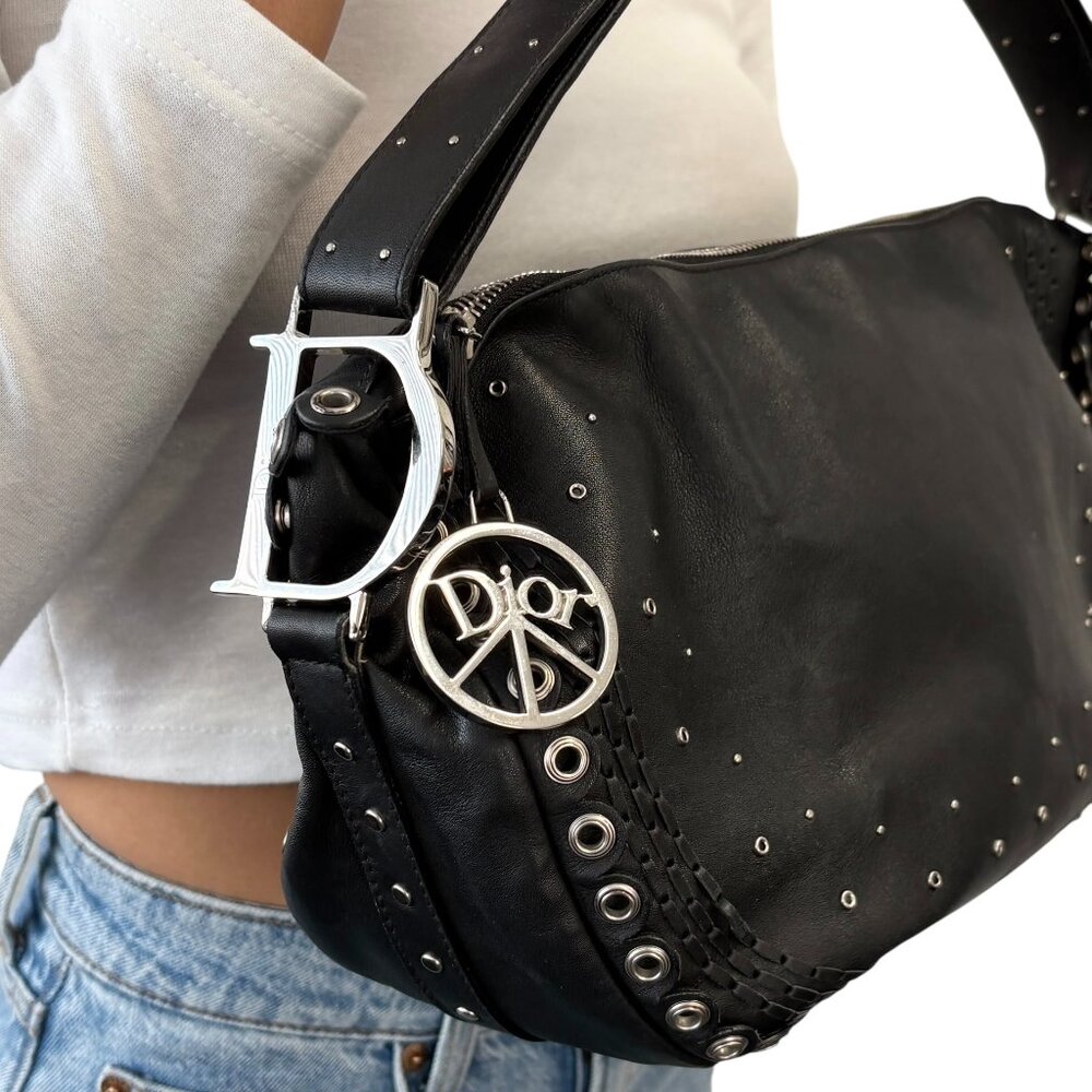 Christian Dior Vintage Peace and Love Leather Hobo Bag Black Silver [105828]